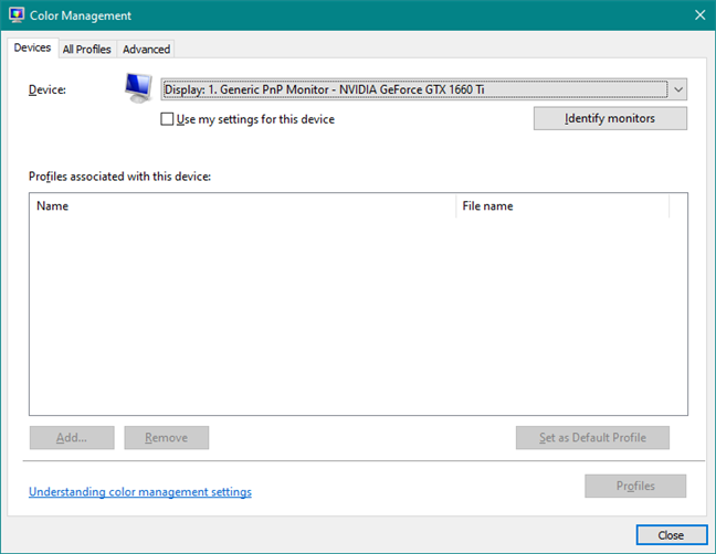 La ventana de administración de color de Windows 10