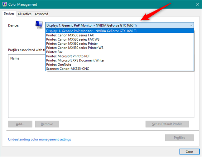 La lista de dispositivos que tienen perfiles de color en Windows 10