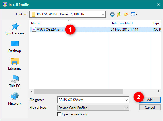 Seleccionar y agregar un nuevo perfil de color para un monitor