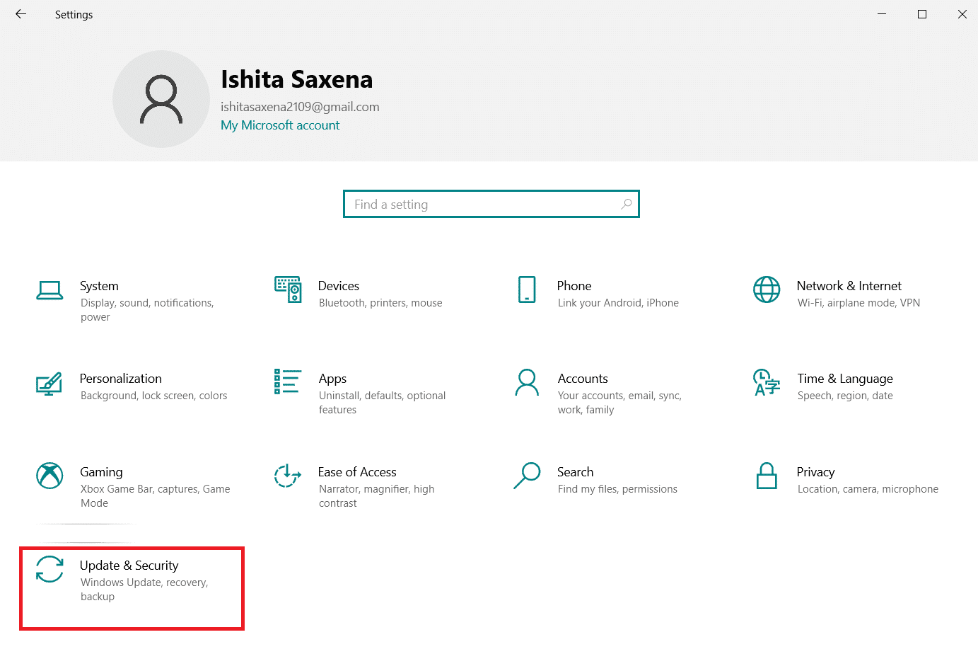 elija Actualización y seguridad.  Arreglar No se encontraron redes WiFi Windows 10