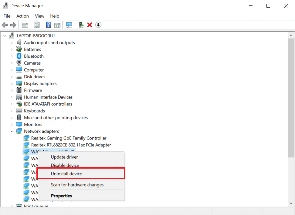Haga clic derecho en su dispositivo de tarjeta WLAN y seleccione Desinstalar dispositivo