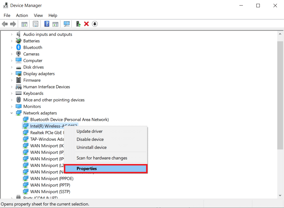Haga clic derecho en su dispositivo de tarjeta WLAN y seleccione Propiedades