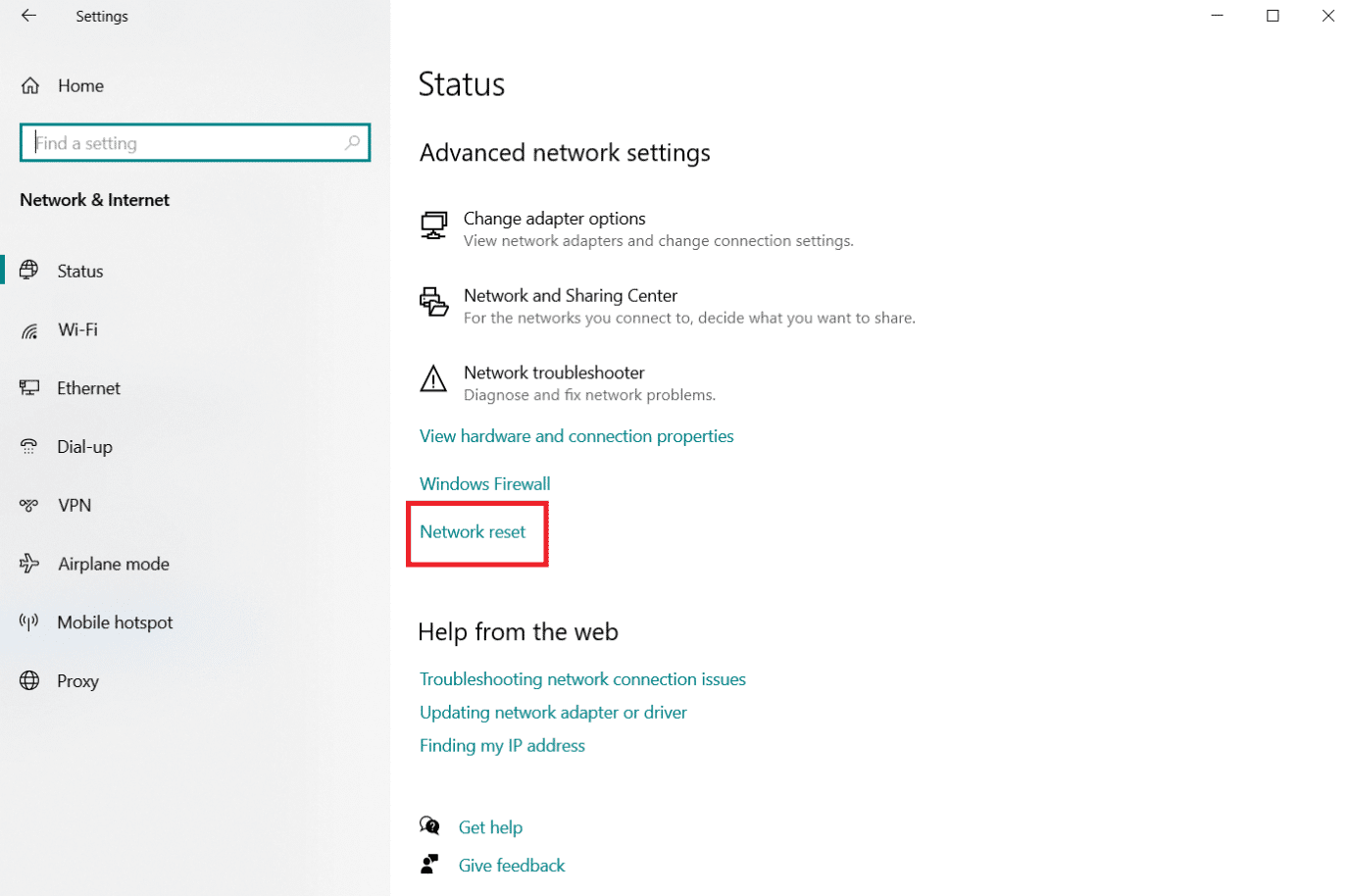 Haga clic en la opción Restablecer red en la parte inferior.  Arreglar No se encontraron redes WiFi Windows 10