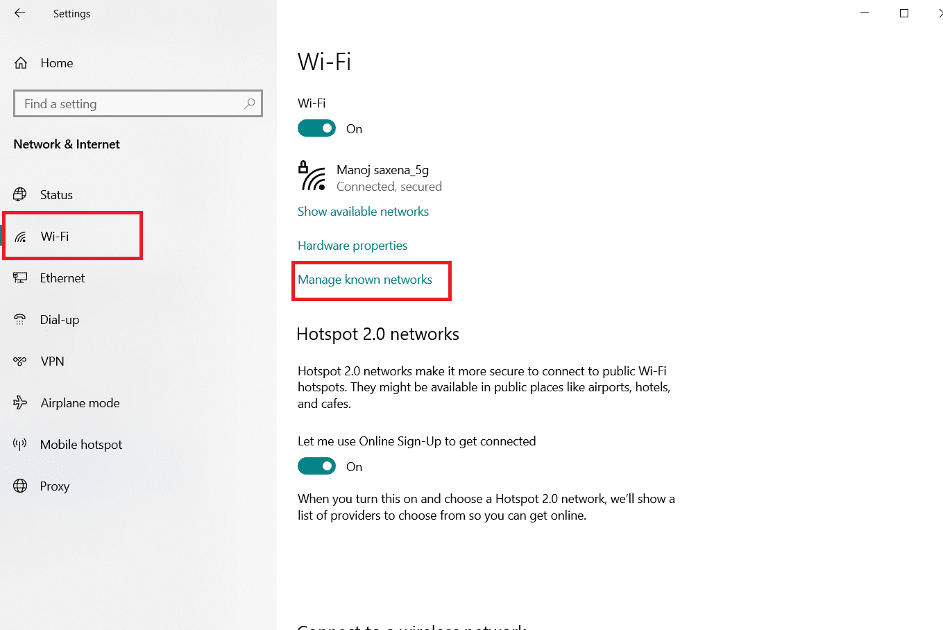 Navega a la pestaña Wi-Fi.  Seleccione Administrar redes conocidas.  Arreglar No se encontraron redes WiFi Windows 10