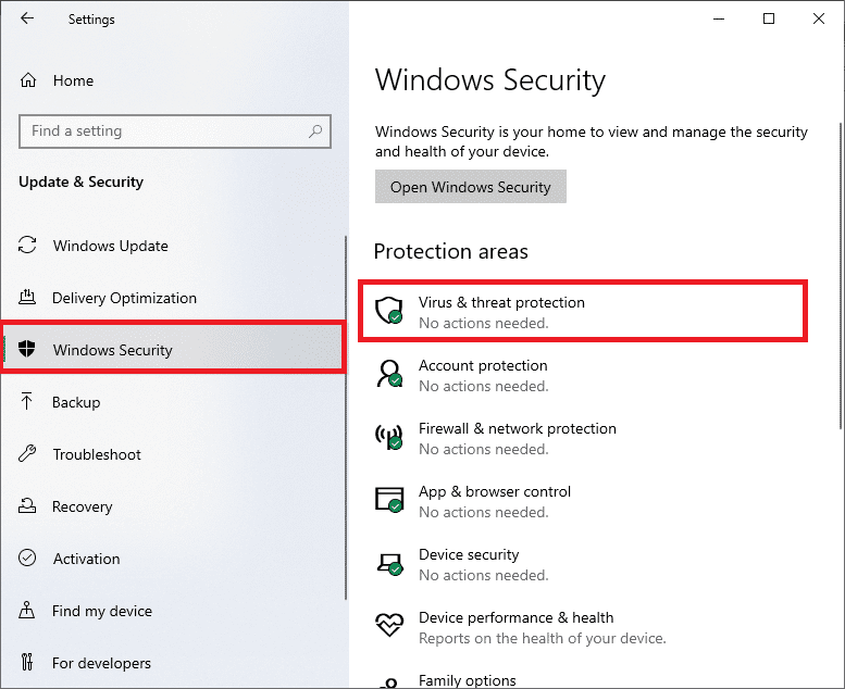 seleccione la opción Protección contra virus y amenazas en Áreas de protección.  Arreglar No se encontraron redes WiFi Windows 10