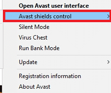 seleccione la opción de control de escudos de Avast.  Arreglar No se encontraron redes WiFi Windows 10
