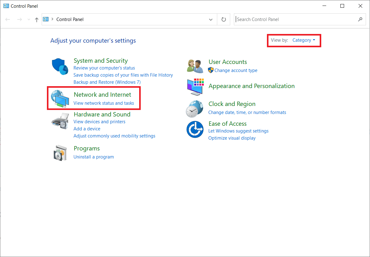 Establezca Ver por como Categoría.  Seleccione Red e Internet.  Arreglar No se encontraron redes WiFi Windows 10