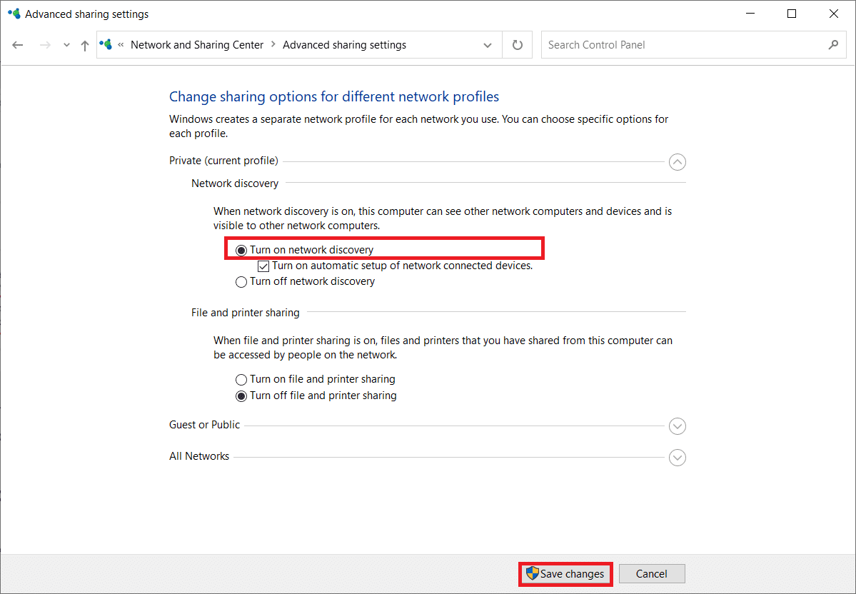 Marque la opción Activar descubrimiento de red y haga clic en Guardar cambios.  Arreglar No se encontraron redes WiFi Windows 10