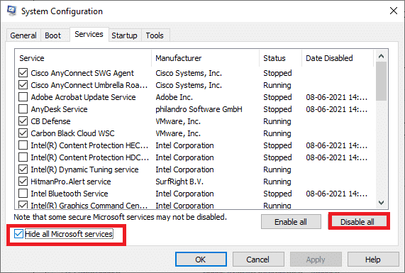 Marque la casilla junto a Ocultar todos los servicios de Microsoft y haga clic en el botón Deshabilitar todo.  Reparar ERR_EMPTY_RESPONSE en Windows 10Reparar el error 1500 Hay otra instalación en curso