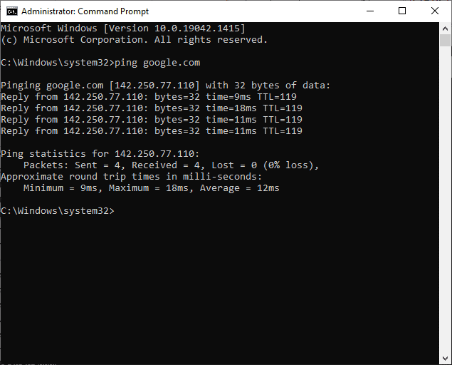 escribe ping google.com y presiona Enter.  Corrige ERR_EMPTY_RESPONSE en Windows 10
