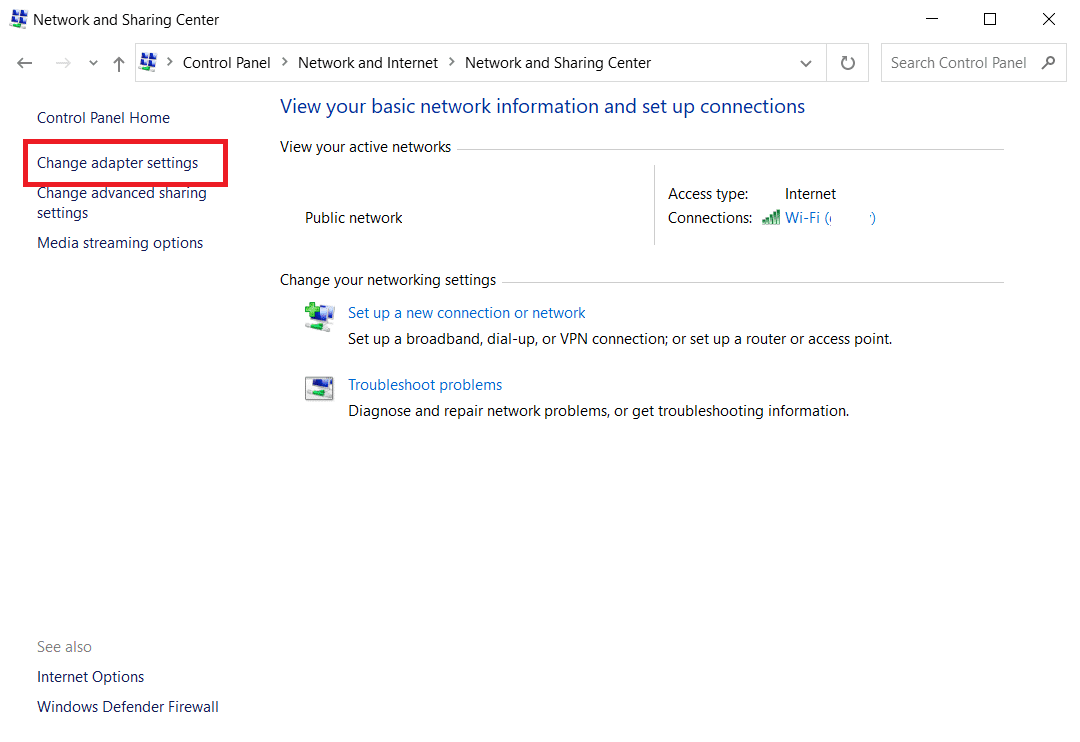 haga clic en Cambiar configuración del adaptador ubicado a la izquierda.  Corrige ERR_EMPTY_RESPONSE en Windows 10