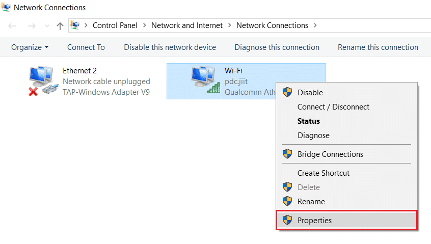 haga clic derecho en la conexión de red como Wifi y seleccione Propiedades