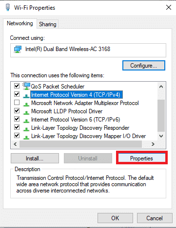 Haga clic en Protocolo de Internet versión 4 y haga clic en Propiedades.  Corrige ERR_EMPTY_RESPONSE en Windows 10