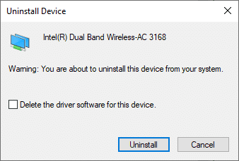 Ahora, se mostrará un mensaje de advertencia en la pantalla.  Marque la casilla Eliminar el software del controlador para este dispositivo.  Corrige ERR_EMPTY_RESPONSE en Windows 10