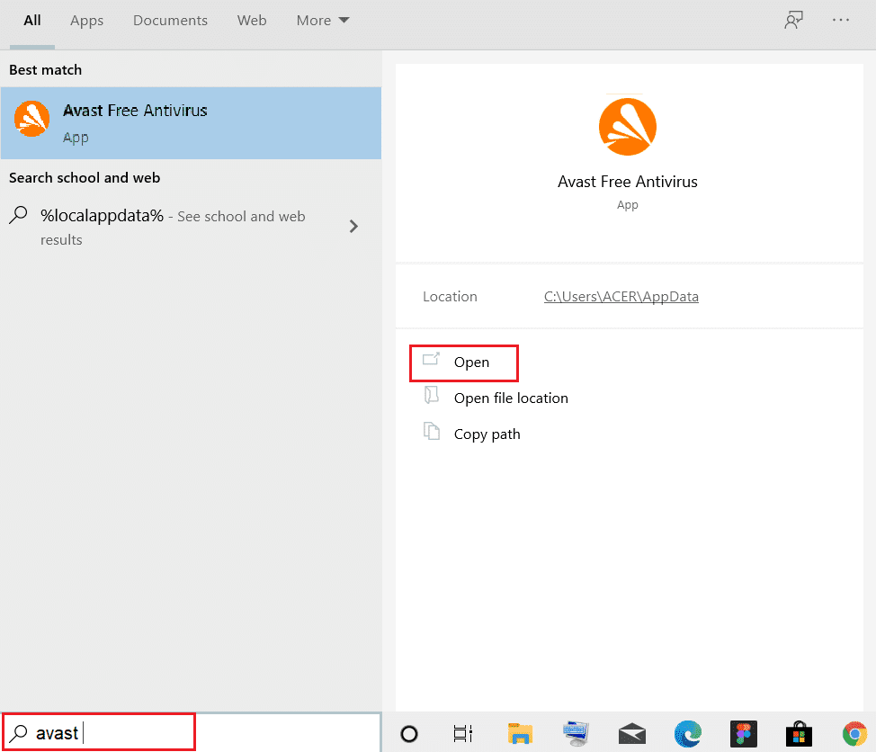 escriba avast y haga clic en abrir en la barra de búsqueda de Windows.  Corrige ERR_EMPTY_RESPONSE en Windows 10