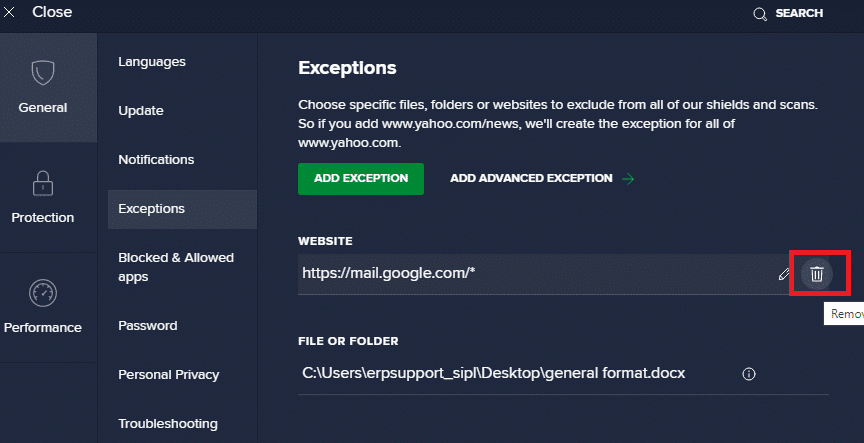 Si desea eliminar la URL de la lista blanca de Avast, en la ventana principal de Configuración, desplace el cursor sobre su URL y haga clic en el icono Papelera.  Corrige ERR_EMPTY_RESPONSE en Windows 10