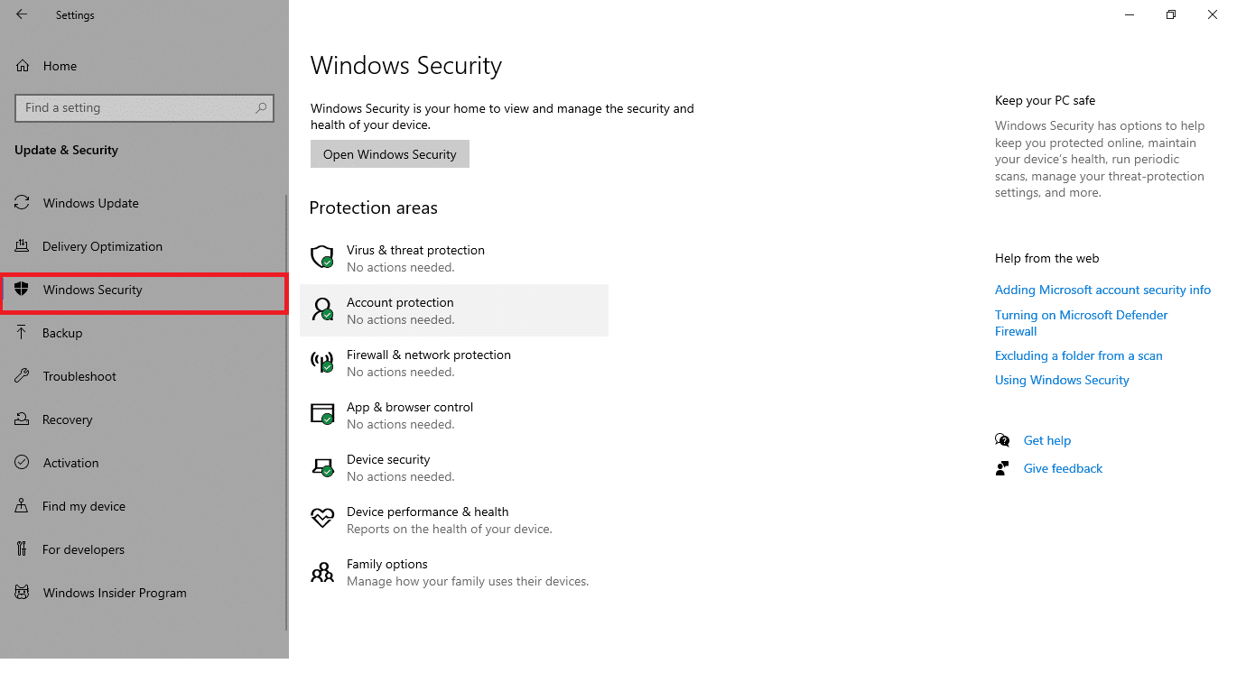 Vaya a Seguridad de Windows en el panel izquierdo.  Corrige ERR_EMPTY_RESPONSE en Windows 10
