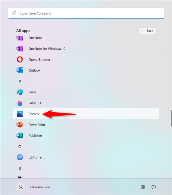 El acceso directo a Fotos del menú Inicio Lista de todas las aplicaciones en Windows 11