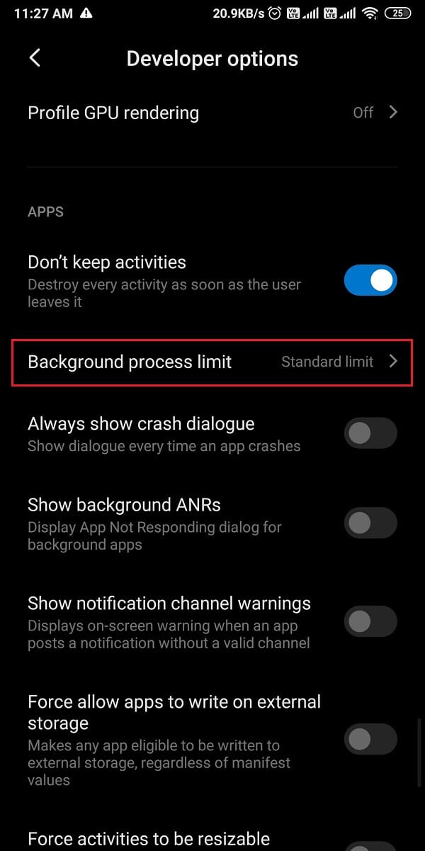 Ahora, desplácese hacia abajo y toque el límite del proceso en segundo plano.  |  Cómo deshabilitar las aplicaciones de inicio automático en Android