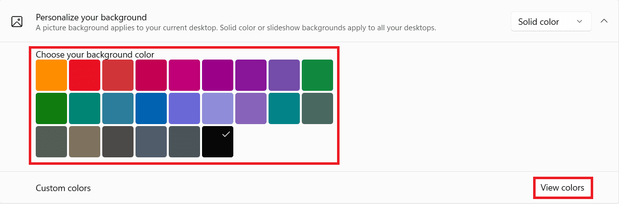 Seleccione el color o haga clic en Ver colores de las opciones de color sólido