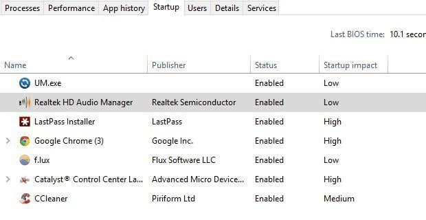Tiempo de arranque de Windows 10