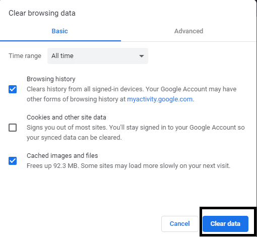 Haga clic en Borrar datos para borrar los archivos de caché |  Arreglar Error al cargar el reproductor: no se encontraron fuentes reproducibles