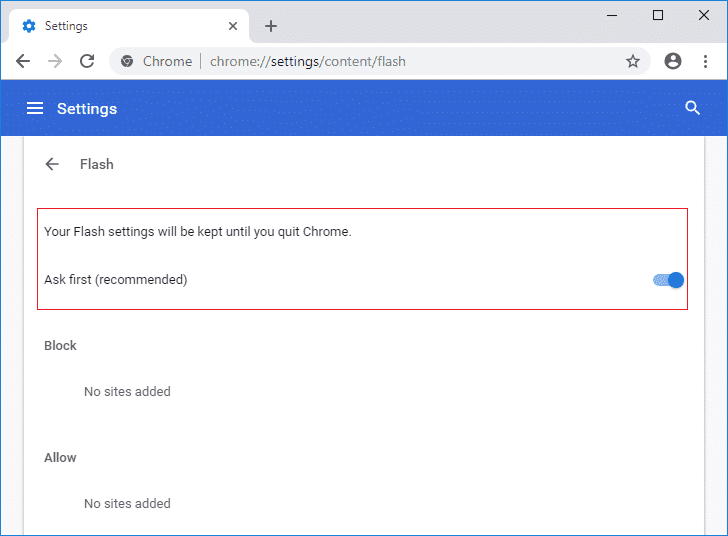 Habilite la opción Permitir que los sitios ejecuten Flash en Chrome |  Arreglar Error al cargar el reproductor: no se encontraron fuentes reproducibles