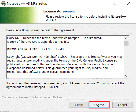 haga clic en el botón Acepto en el asistente de instalación del acuerdo de licencia. Cómo instalar el complemento Notepad ++