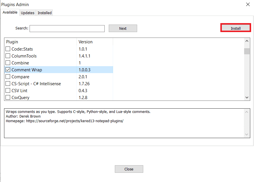Seleccione el complemento deseado. Haga clic en Instalar para instalar el complemento Notepad ++