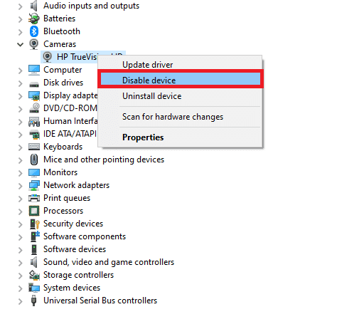 haga clic derecho en su dispositivo de cámara y seleccione la opción Deshabilitar dispositivo