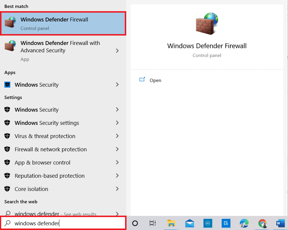 Presione la tecla de Windows y escriba Firewall de Windows Defender. Abre los mejores resultados