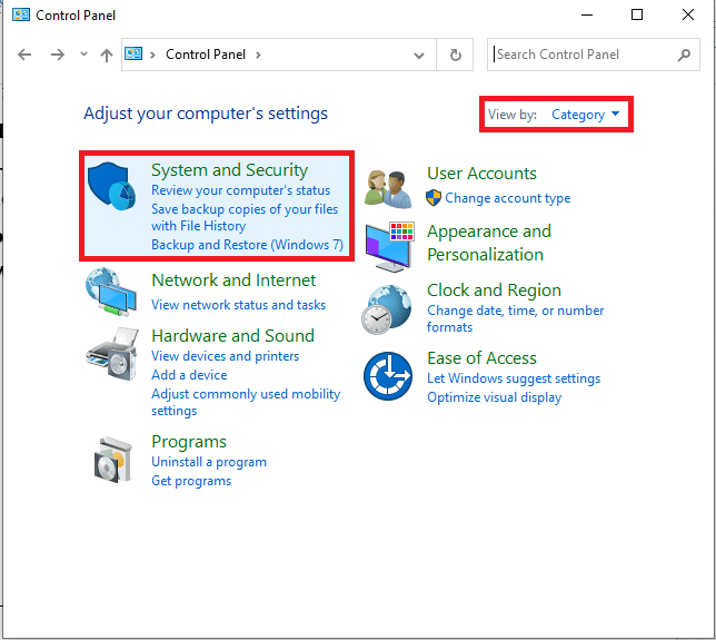 Establezca Ver por como Categoría y seleccione Sistema y seguridad