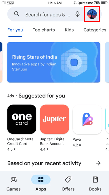 Toque el ícono de la foto de perfil en la esquina superior derecha de su pantalla para abrir la configuración de su cuenta. 