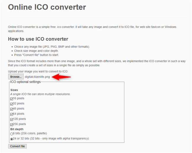 Cargue el archivo de imagen en el sitio web del convertidor ICO