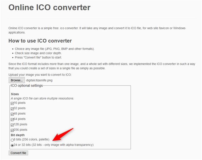 Convertidor ICO en línea: selección de profundidad de bits del archivo ICO