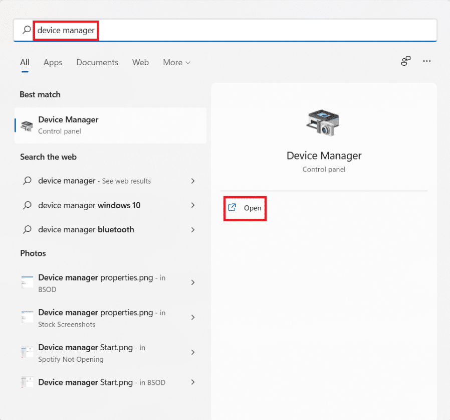 Administrador de dispositivos en la búsqueda del menú Inicio. Cómo reparar el error BSOD del dispositivo de arranque inaccesible en Windows 11