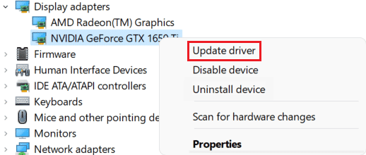 haga clic en actualizar controlador en el controlador de dispositivo del adaptador de pantalla Windows 11