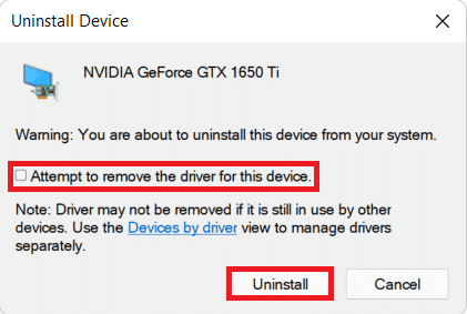 Cuadro de diálogo Desinstalar dispositivo. Cómo reparar el error BSOD del dispositivo de arranque inaccesible en Windows 11