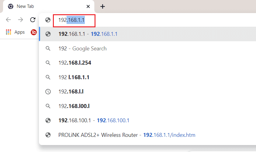 vaya a la dirección de la puerta de enlace del enrutador en el navegador Prolink adsl router