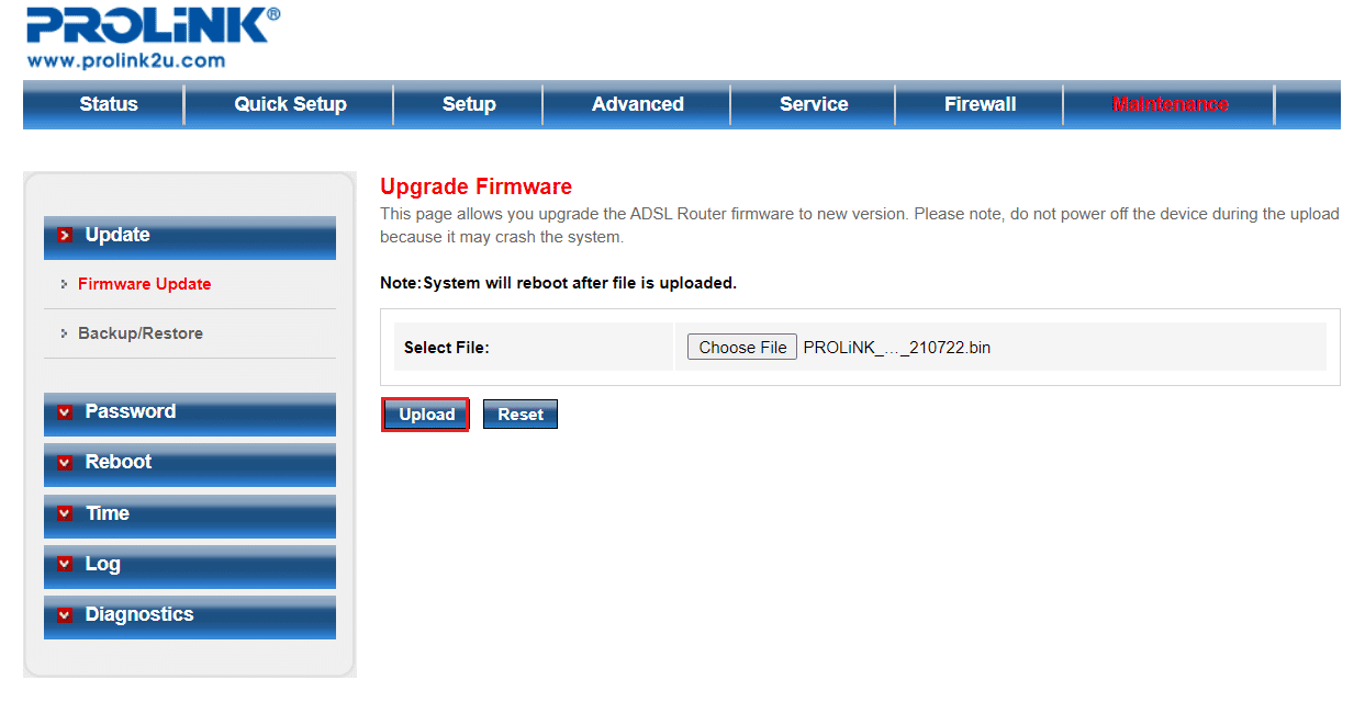 haga clic en el botón Cargar en la configuración del enrutador adsl de Prolink