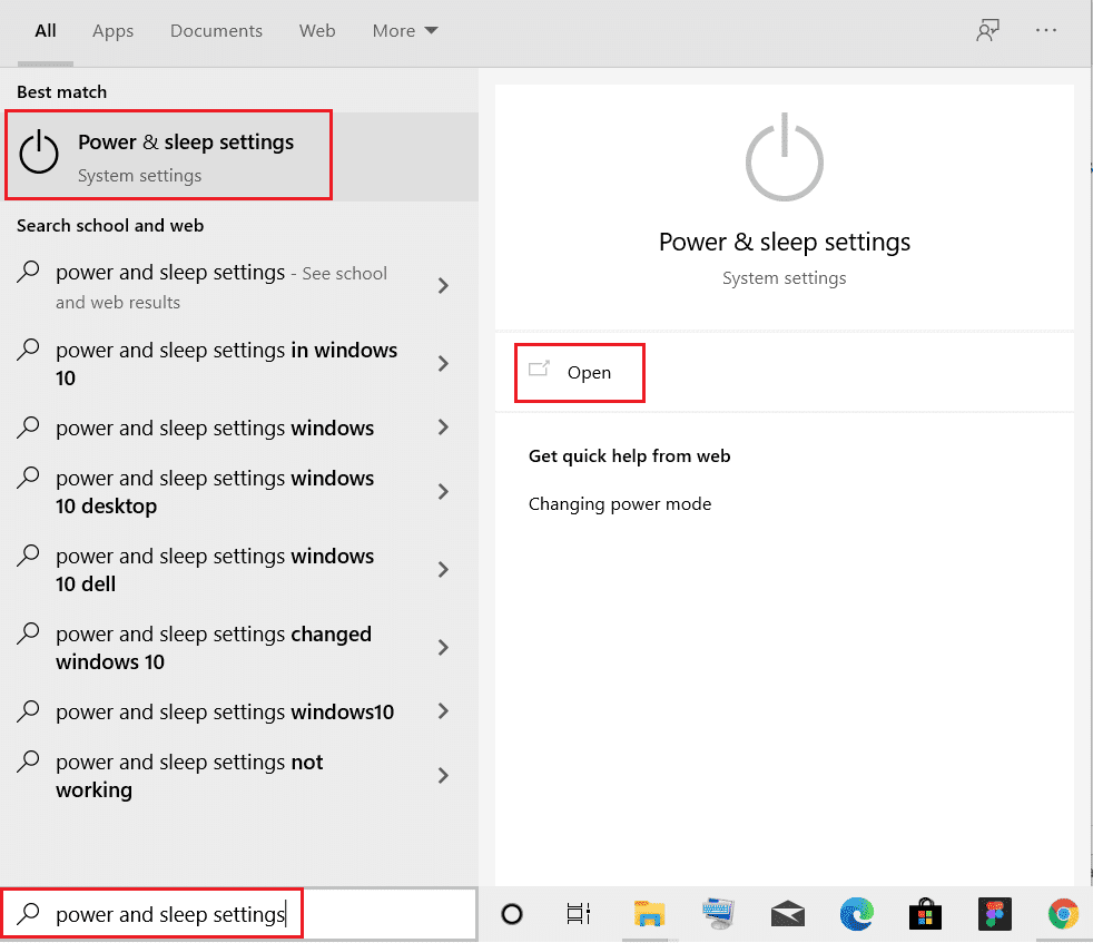 escriba la configuración de encendido y suspensión y haga clic en Abrir