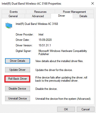 Cambie a la pestaña Controlador y seleccione Retroceder controlador.  Cómo arreglar el adaptador Wi-Fi que no funciona en Windows 10