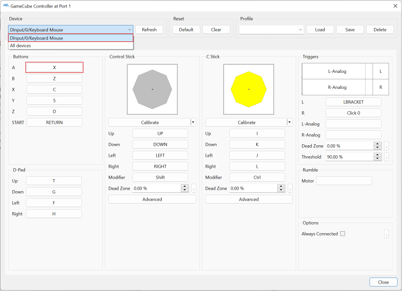 Seleccione DInput 0 Keyboard Mouse y configure los botones del controlador con el emulador.  |  Cómo usar el controlador Xbox 360 en el emulador Dolphin