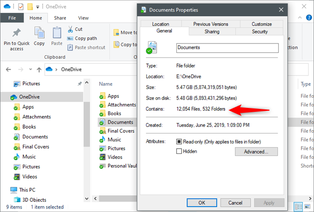 La ventana Propiedades de carpeta cuenta archivos y subcarpetas