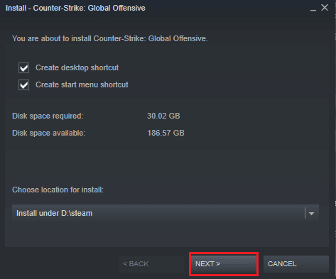 haga clic en Siguiente para instalar el juego Counter Strike Global Offensive CS GO.  Arreglar la configuración de video de CS GO que no guarda el error
