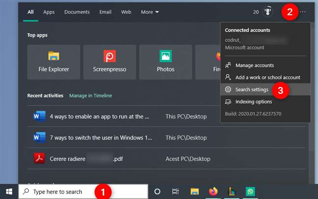 La configuración de búsqueda desde el cuadro de búsqueda en Windows 10
