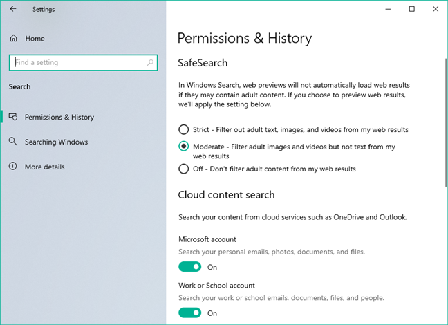 Buscar páginas en la configuración de Windows 10