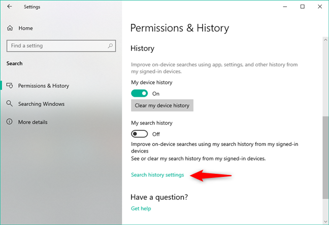 El enlace de configuración del historial de búsqueda