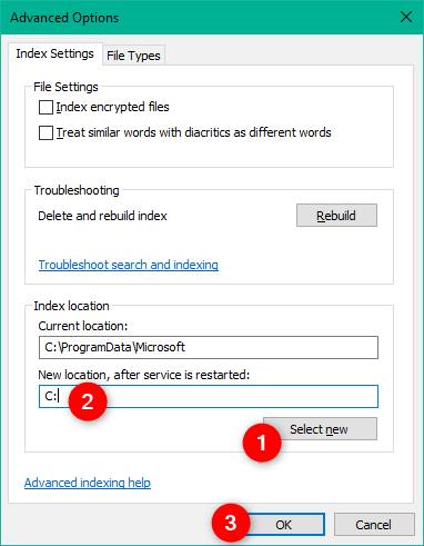Cambiar la ubicación del índice de búsqueda de Windows 10