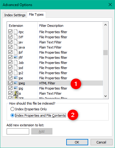 Tipos de archivos incluidos en el índice de búsqueda de Windows 10